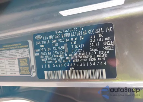 2016 Kia Sorento 2.4L Lx from USA, damaged, VIN 5XYPG4A36GG154744